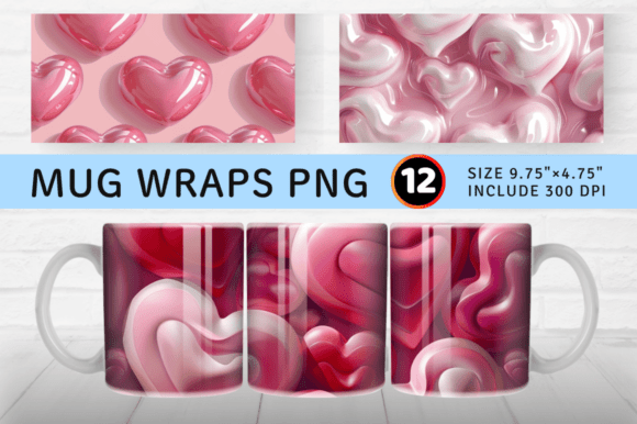 3D Puffy Hearts Mug Wrap Sublimation Design